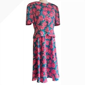 Vintage Adrianna Papell Floral Two Piece Skirt Set Cottagecore Coastal Chic READ